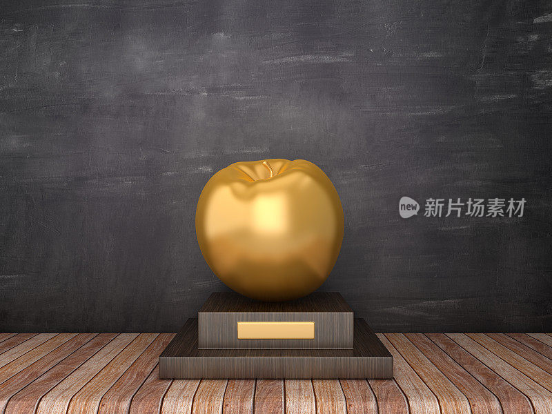 奖杯与苹果在木地板-黑板背景- 3D渲染